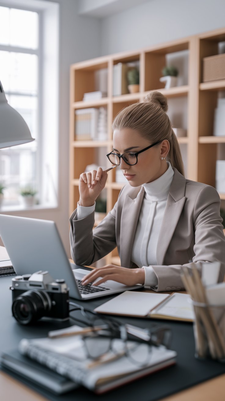 Eine Bloggerin in einem modernen Büro, die an einem Laptop arbeitet, umgeben von kreativen Werkzeugen wie Kamera und Notizblock.