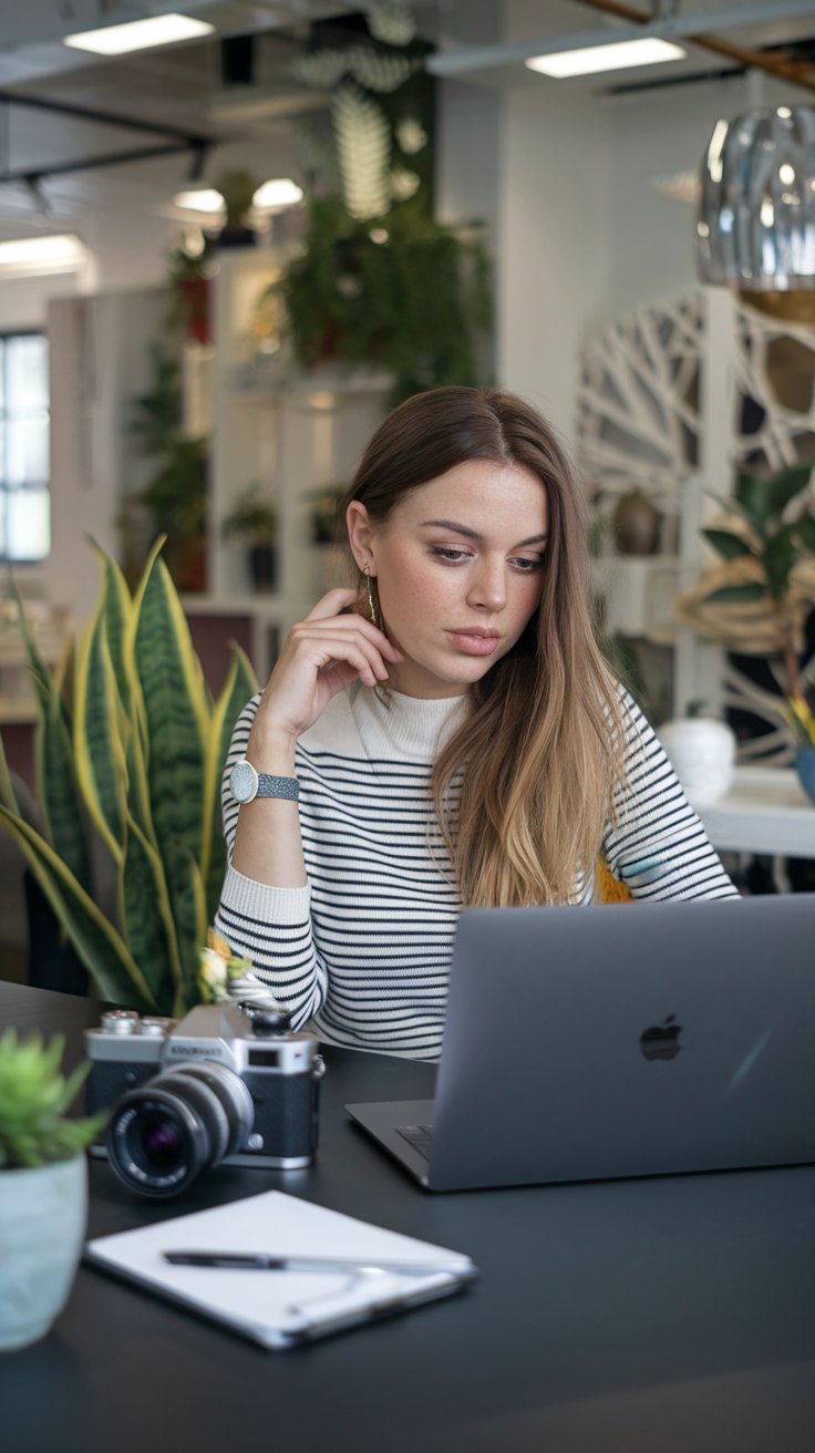 Eine Bloggerin in einem modernen Büro, die an einem Laptop arbeitet, umgeben von kreativen Werkzeugen wie Kamera und Notizblock.