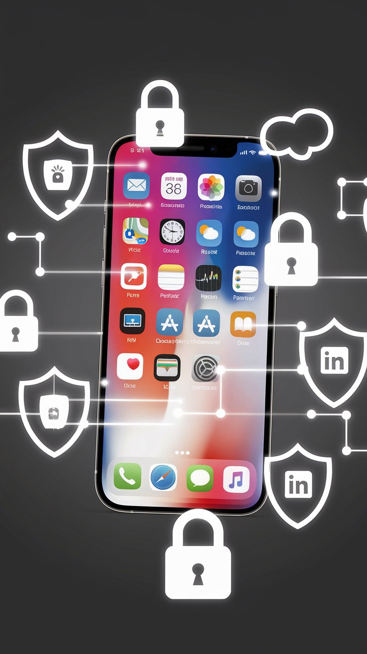 Ein Smartphone, das Social-Media-Apps wie Instagram, Facebook und LinkedIn zeigt, umgeben von virtuellen Sicherheitssymbolen wie Schlössern und Schilden, die den Schutz persönlicher Daten darstellen.
