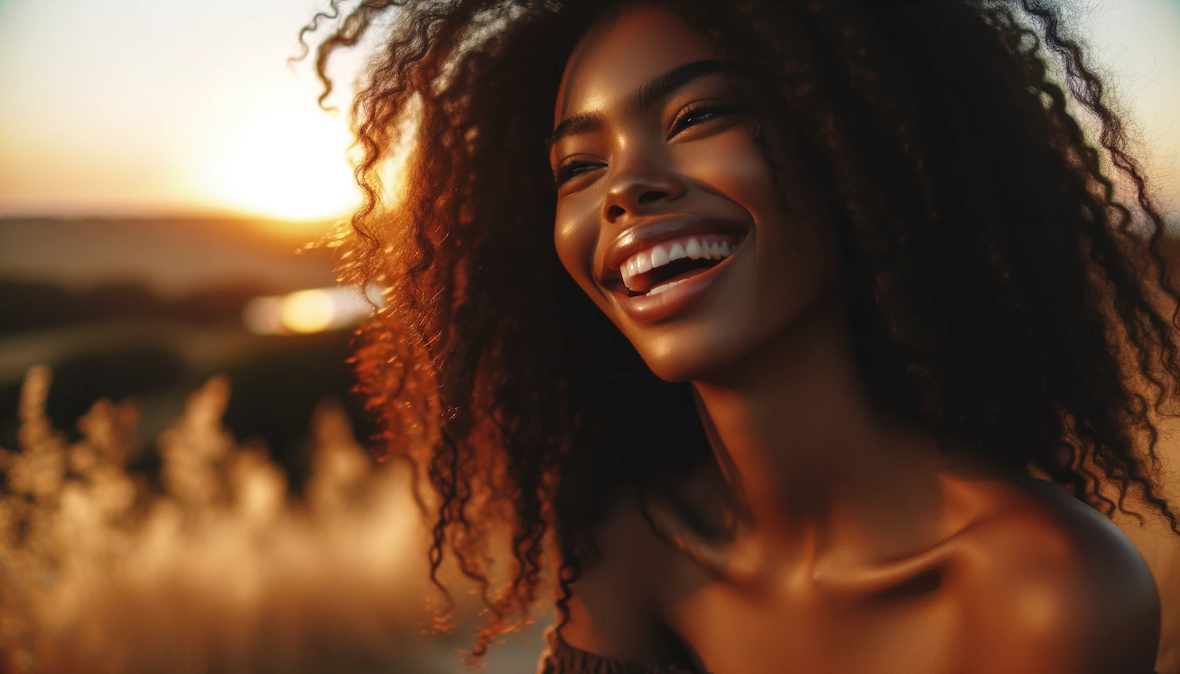 Eine kreative Portraitfotosession im Freien bei Sonnenuntergang. Das weiche, goldene Licht schafft eine warme Atmosphäre und betont die Konturen des Gesichts des Modells.